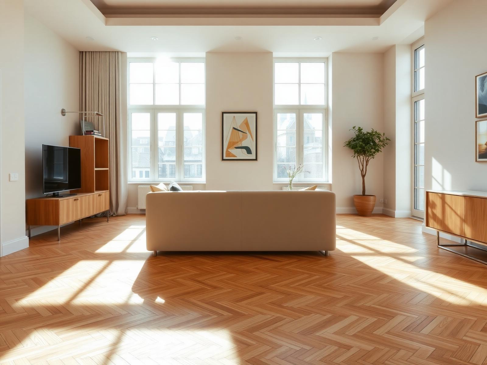 Herringbone oak floor in a bright London living room